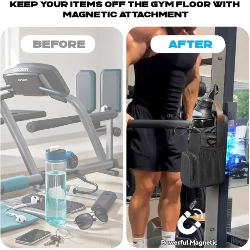 Magnetic Gym Crossbody Bag - Water Bottle Holder with Phone Pocket & Key Clip (Fitness Essentials Organizer for Men/Women)