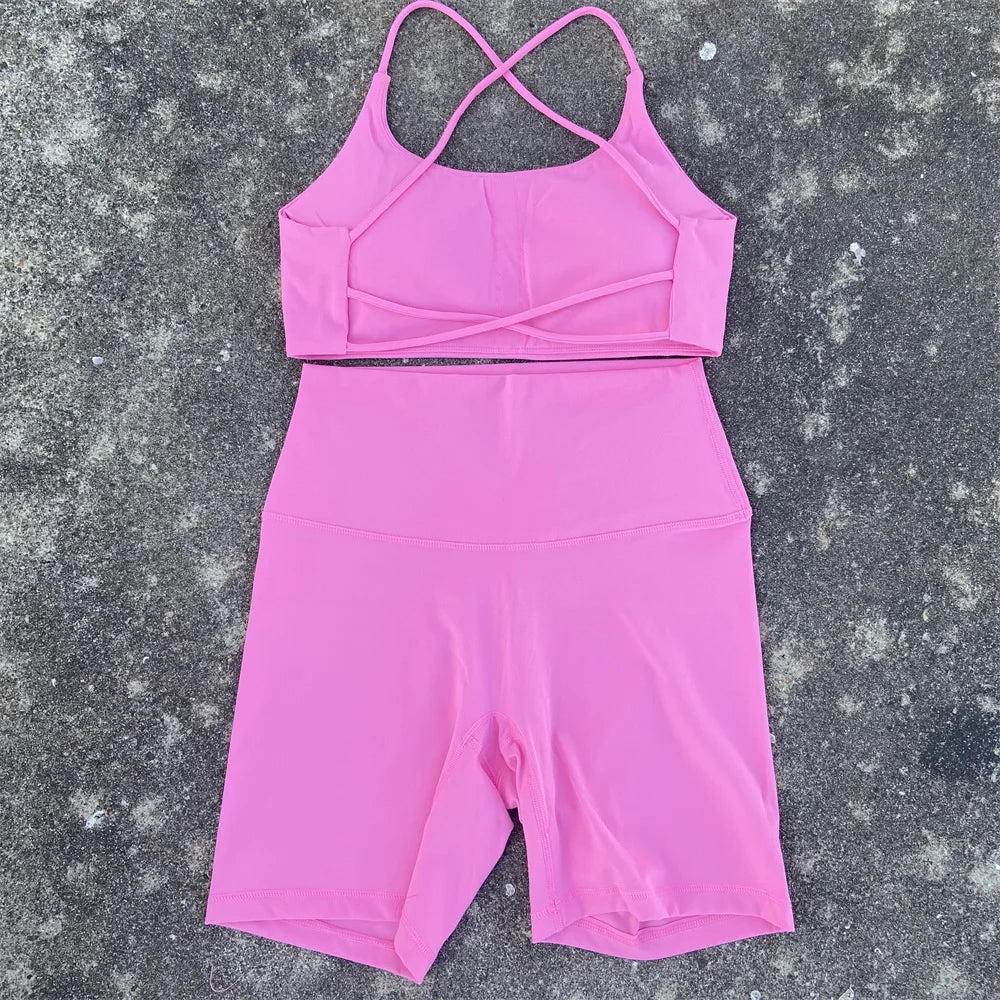 Solid Color Soft Gym Yoga Set Short Legging +Cross Back Sport Bra Tracksuit Women Gym Suit Comprehensive Training Jog Athletic