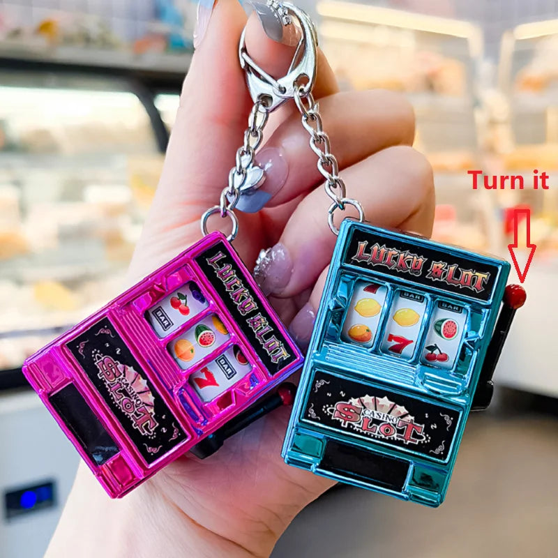Funny Mini Slot Machine Keychain Luck Fruit Slot Gaming Machine Toy Keyring Lotto Game Bingo For Kid Cool Bag Pendant Charm Gift