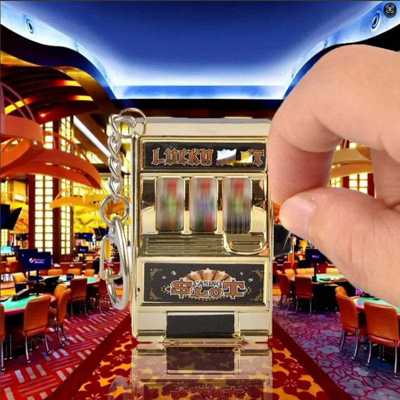 Funny Mini Slot Machine Keychain Luck Fruit Slot Gaming Machine Toy Keyring Lotto Game Bingo For Kid Cool Bag Pendant Charm Gift