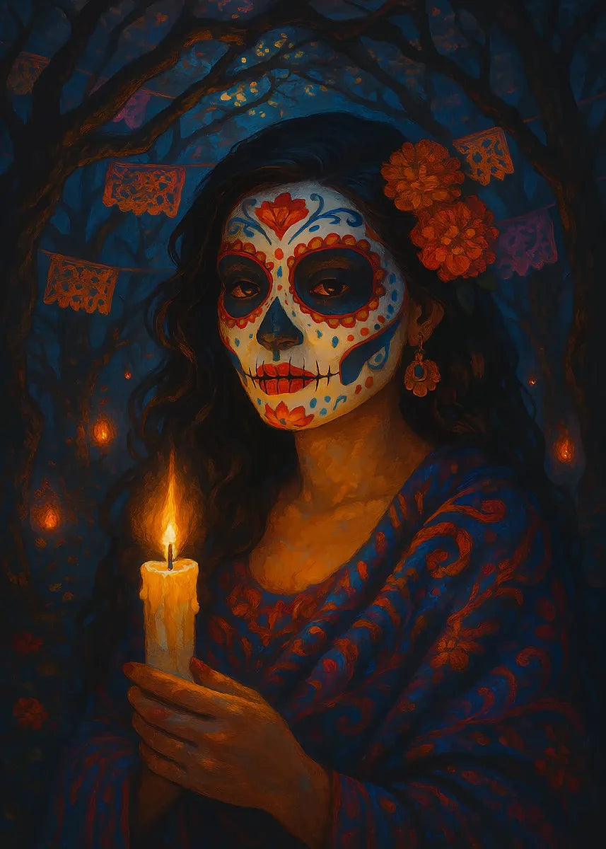 Classic Mexican Day Of The Dead Dance Posters Skeleton Makeup Woman Lit Candle Modern Prints Canvas Wall Picture Home Room Decor