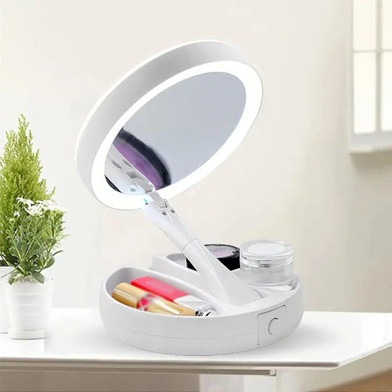 Double-Sided Travel LED Makeup Mirror with 10X Magnification Folding Portable Cosmetic Mirror with Lights Dual Powered Supply