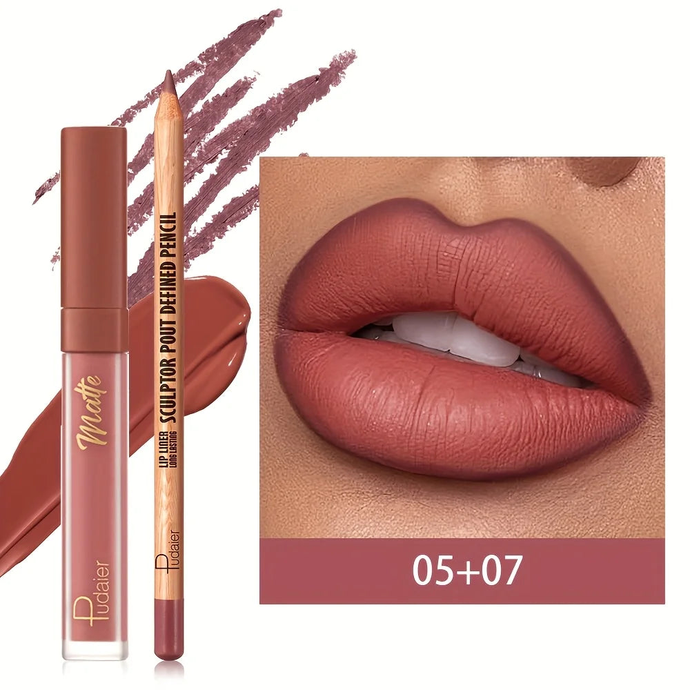 2pcs Velvet matte lip liner and lipstick set, durable, waterproof, sweat-proof and easy to color.Suitable for daily makeup looks