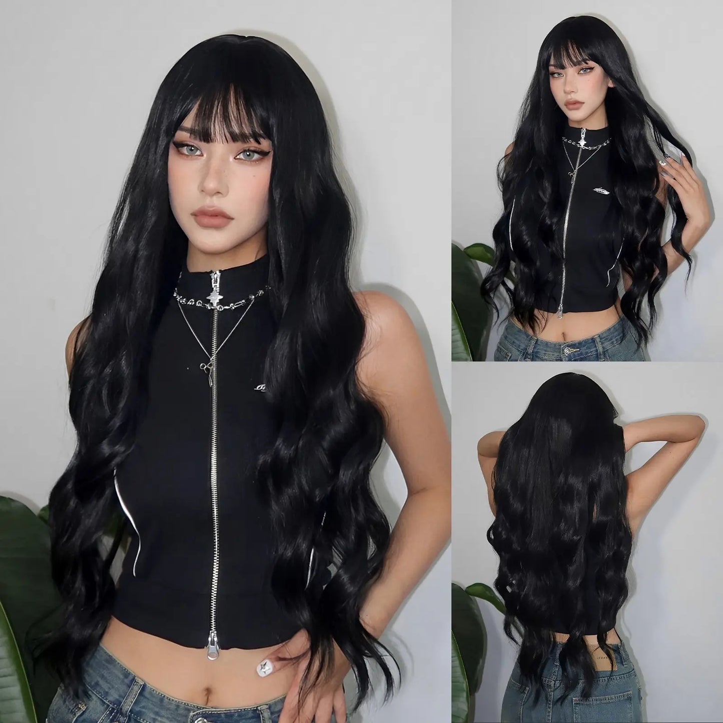 Nastural Black Synthetic Wigs Long Water Wave Wigs with Bangs Cosplay Daily Hair Wig for Women Wigs Heat Resistant Fiber