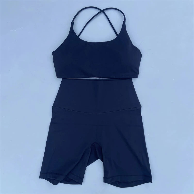 Solid Color Soft Gym Yoga Set Short Legging +Cross Back Sport Bra Tracksuit Women Gym Suit Comprehensive Training Jog Athletic