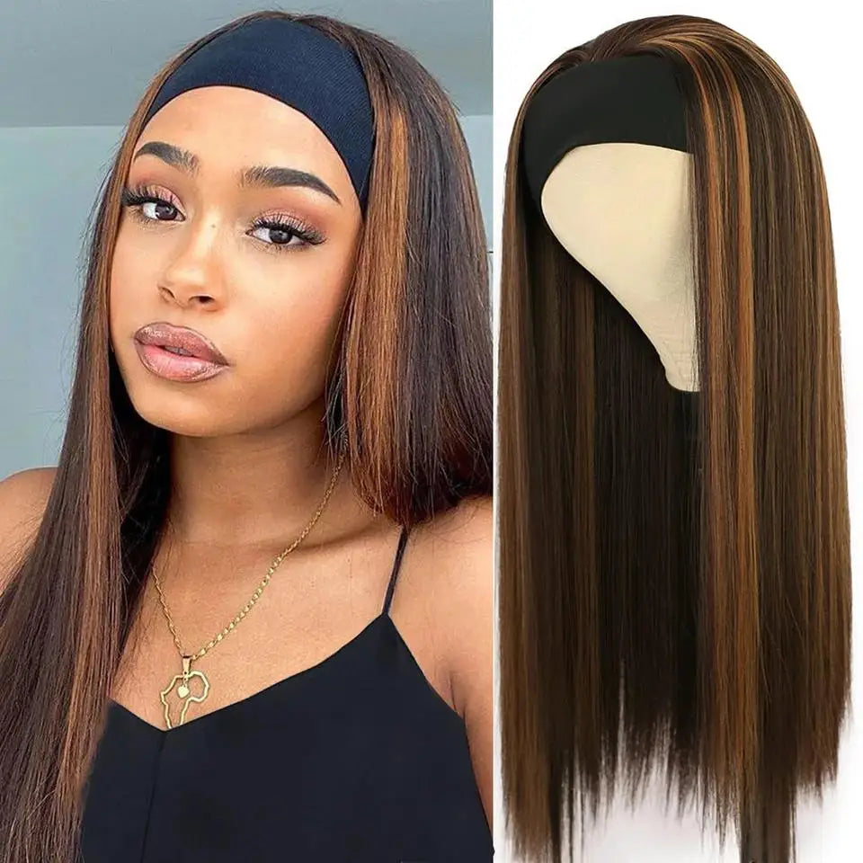 26-Inch Long Straight Headband Wig for Women Light Brown Highlight Glueless Charming Synthetic Hair