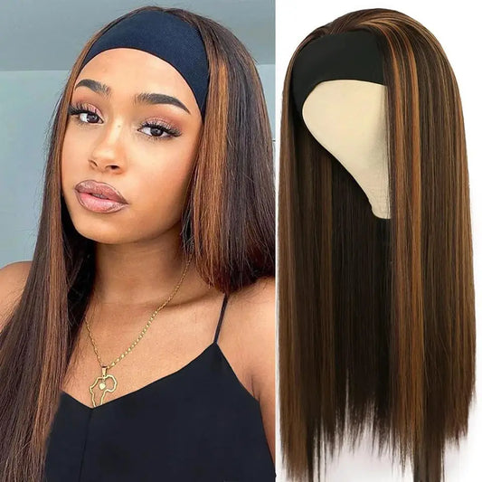 26-Inch Long Straight Headband Wig for Women Light Brown Highlight Glueless Charming Synthetic Hair
