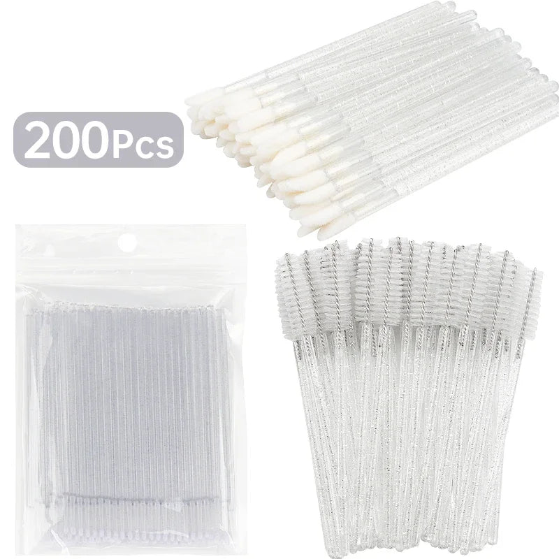 200 Pcs Disposable Crystal Makeup Brushes Tool Set Eyelash Lip Microbrush Mascara Wands Applicator Swab Eyelash Extension Tools