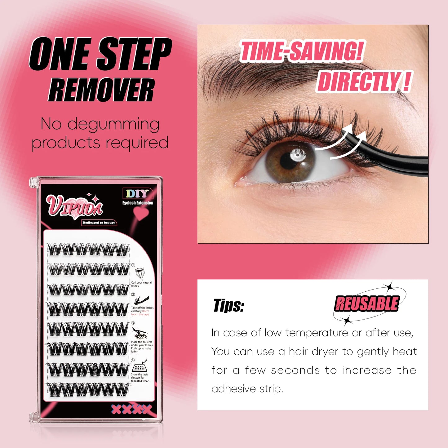Vipuda Self Adhesive Cluster Lashes Press on No Glue Needed Segmented Eyelashes Reusable DIY Individual Eyelash Extension
