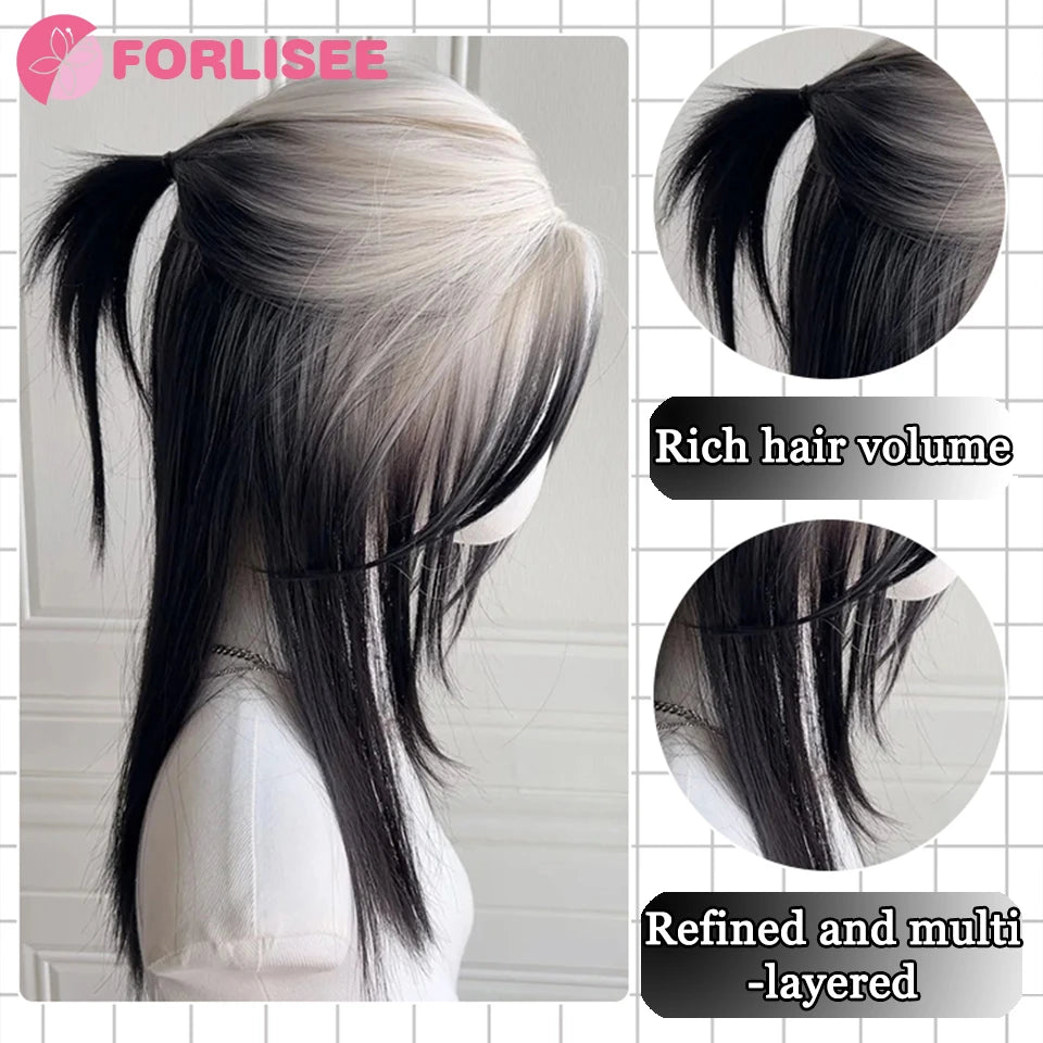 FORLISEE 20 Inch Black And White Mullet Head Wig Synthetic Straight Fluffy Natural Wolf Tail Hair for Daily Use Party Cosplay