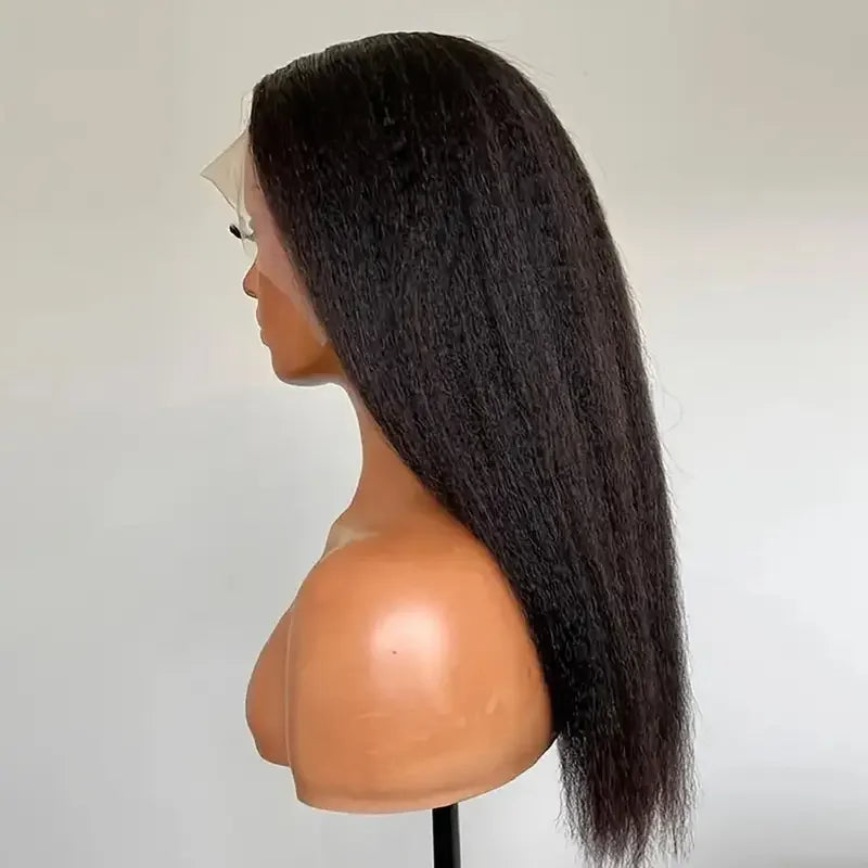 Black Yaki Lace Front Wig 30inch 180density Soft Kinky Straight Wig For Women Baby Hair Synthetic Wigs Heat Temperature Glueless