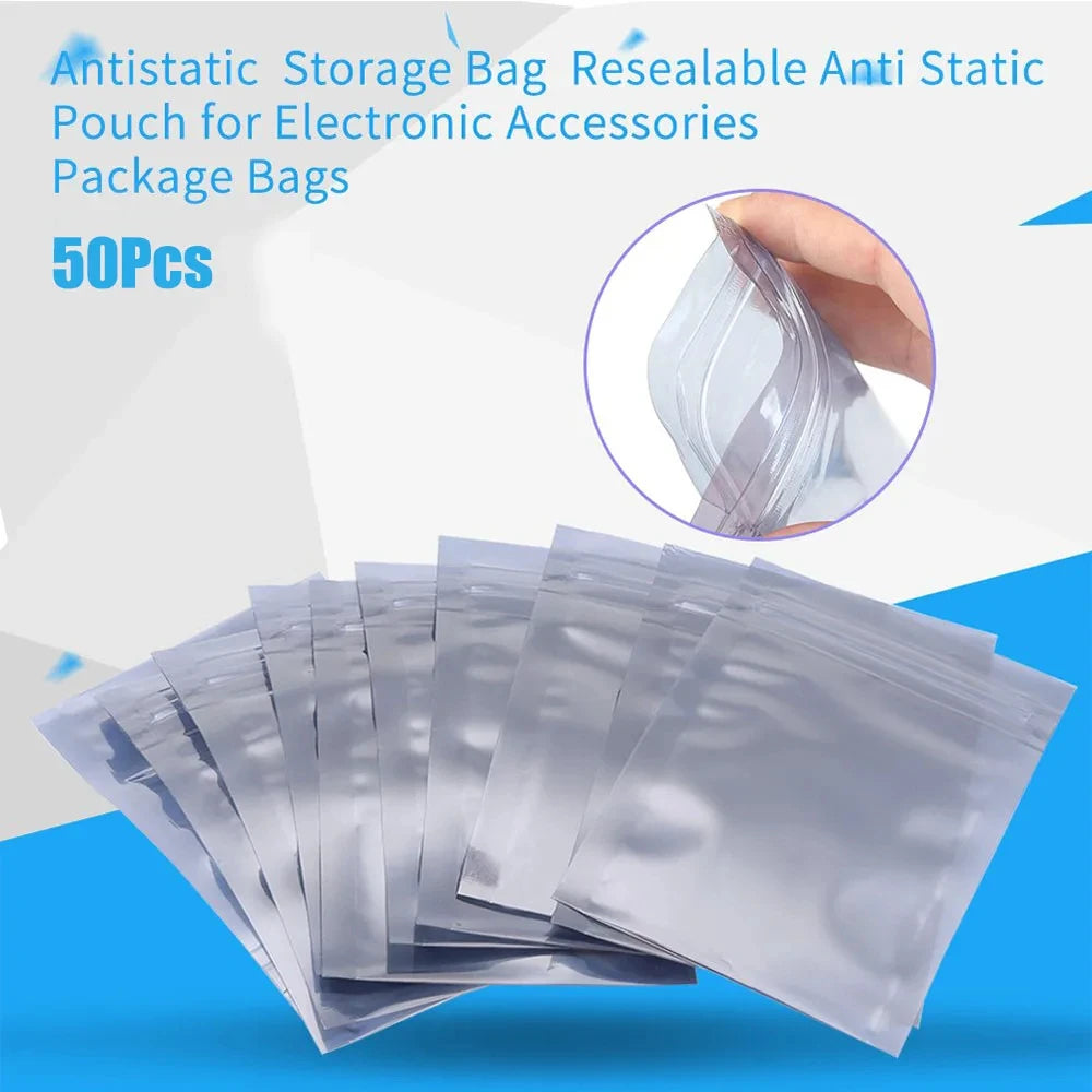 50Pcs Aluminum Antistatic Bag Resealable Anti Static Ziplock Bags Pouch Anti Static Package Mylar Bags for Electronic Pouches