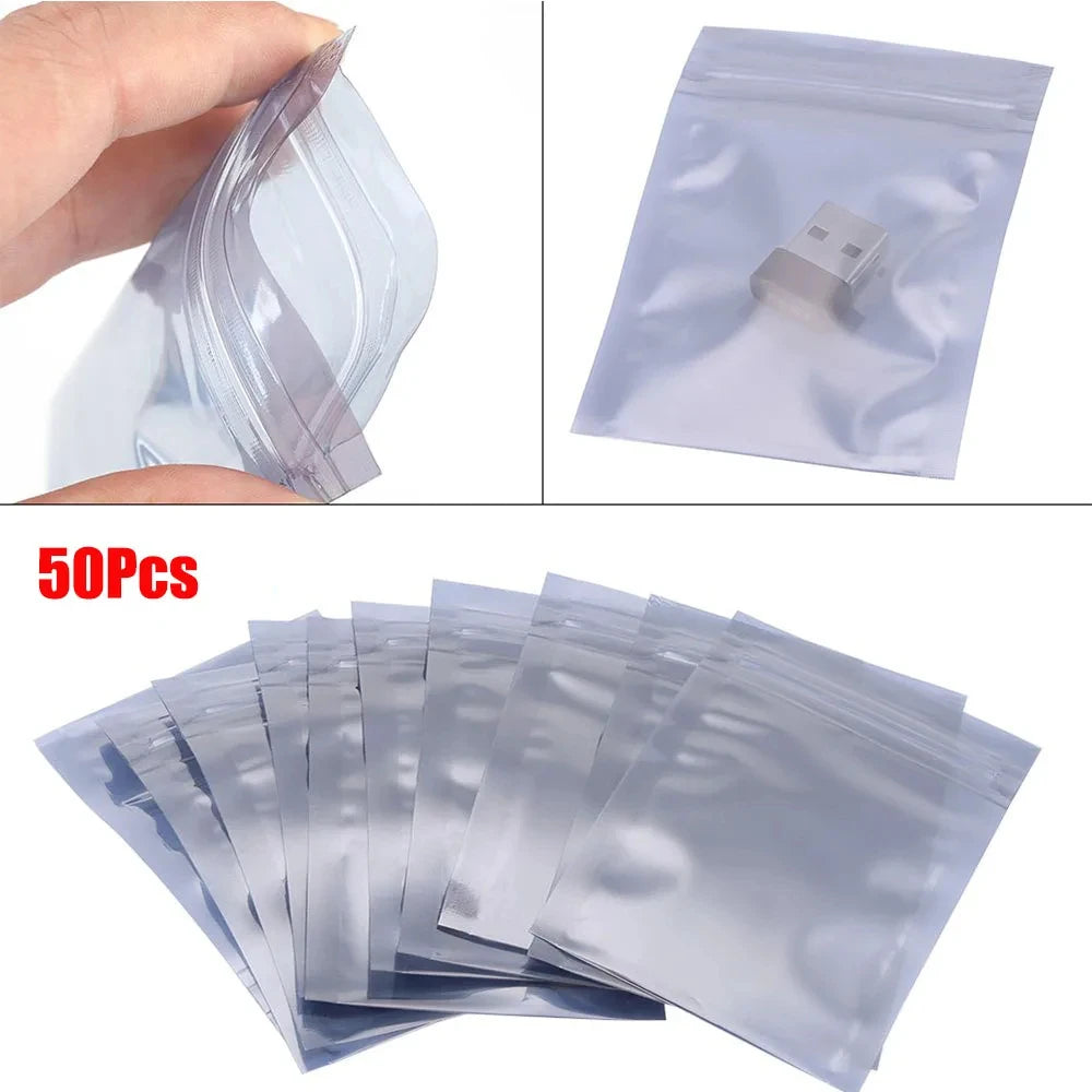 50Pcs Aluminum Antistatic Bag Resealable Anti Static Ziplock Bags Pouch Anti Static Package Mylar Bags for Electronic Pouches