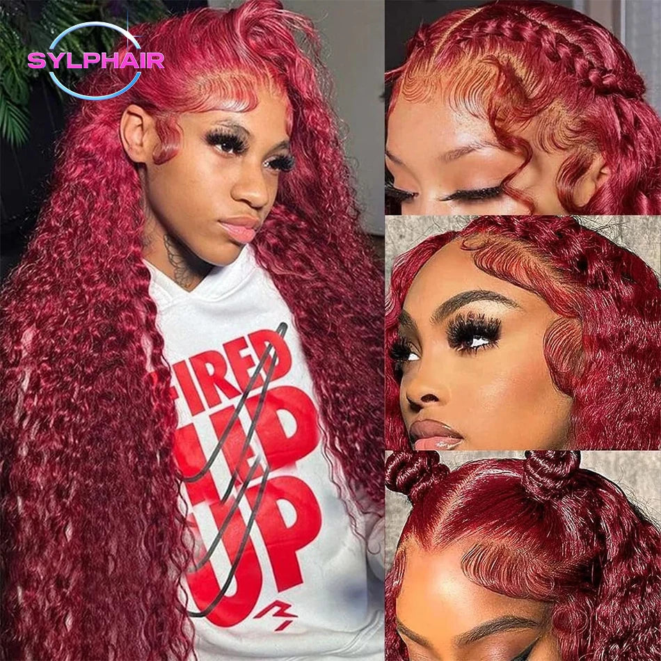 Burgundy 13x6 Hd Lace Frontal Human Hair Wig 30 Inch Deep Wave Curly Human Hair Wigs Water Wave Colored 99j Red Lace Front Wig