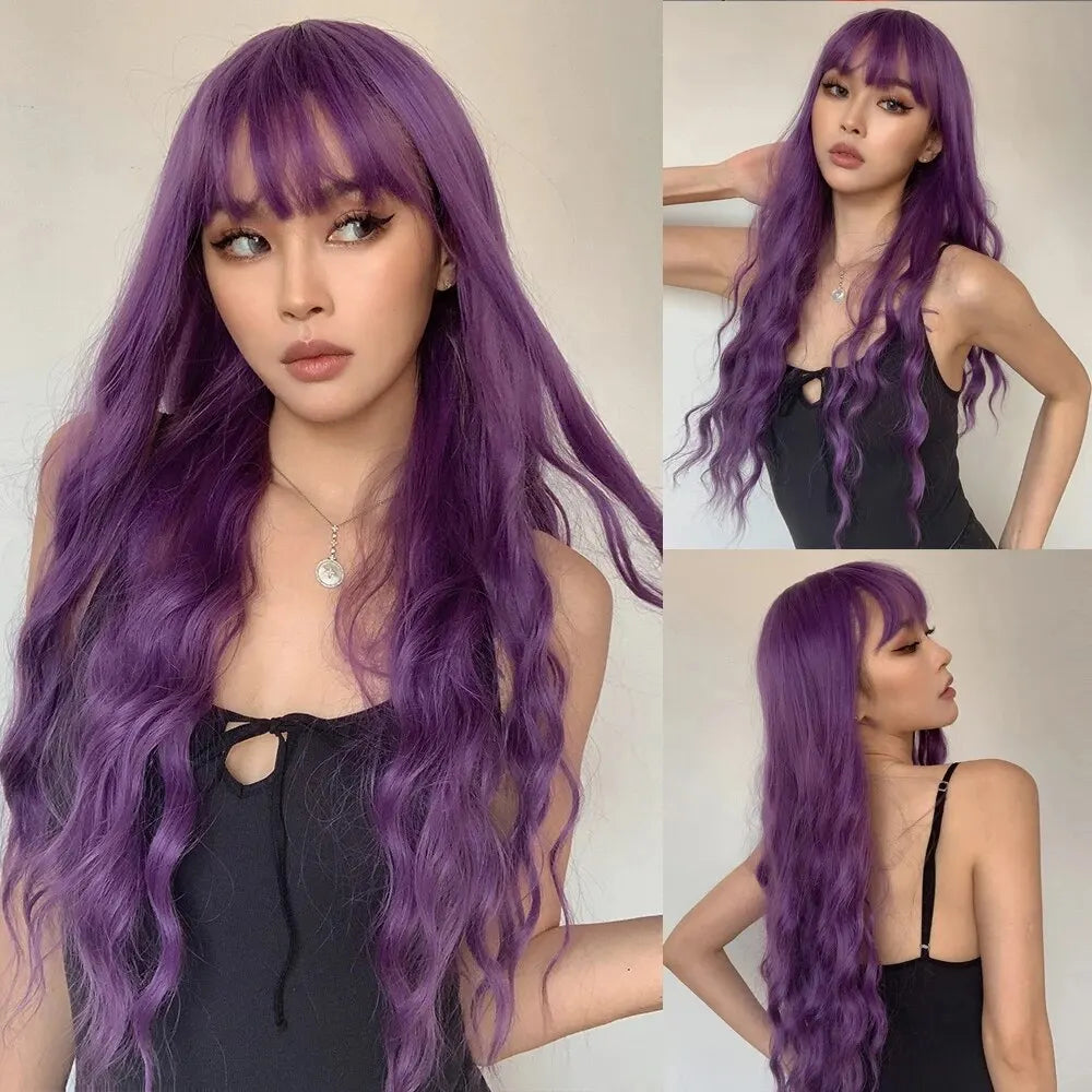 Nastural Black Synthetic Wigs Long Water Wave Wigs with Bangs Cosplay Daily Hair Wig for Women Wigs Heat Resistant Fiber