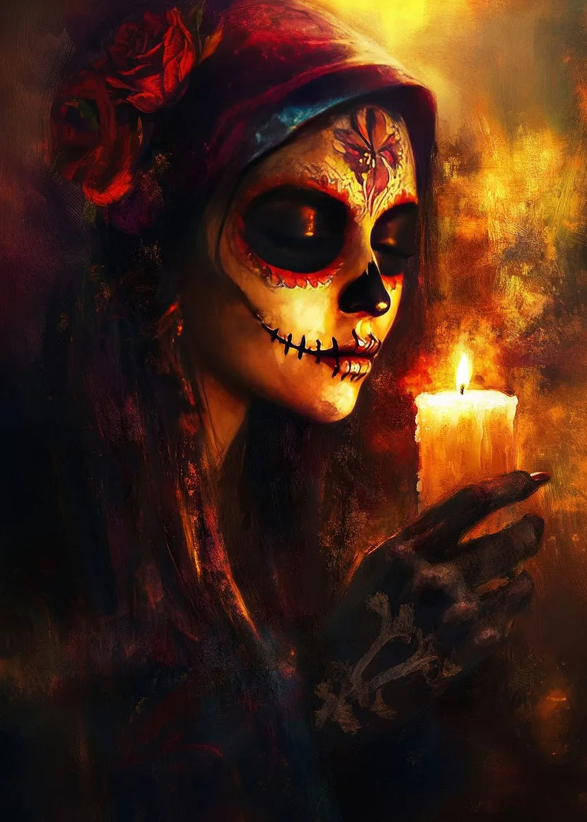 Classic Mexican Day Of The Dead Dance Posters Skeleton Makeup Woman Lit Candle Modern Prints Canvas Wall Picture Home Room Decor