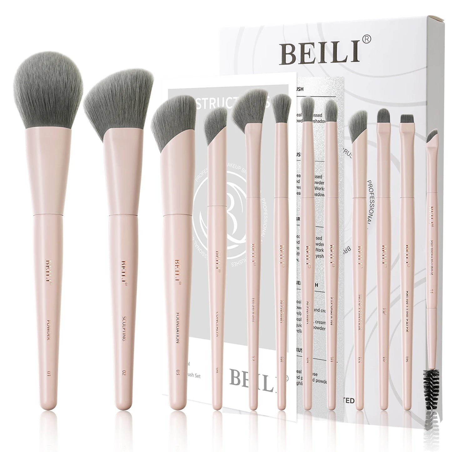 BEILI 12/15 PCS Professional Makeup Brushes Sets Vegan Premium Cosmetics Tool Kakubi Podwer Angled Contour Blush Eyeshadow Brush