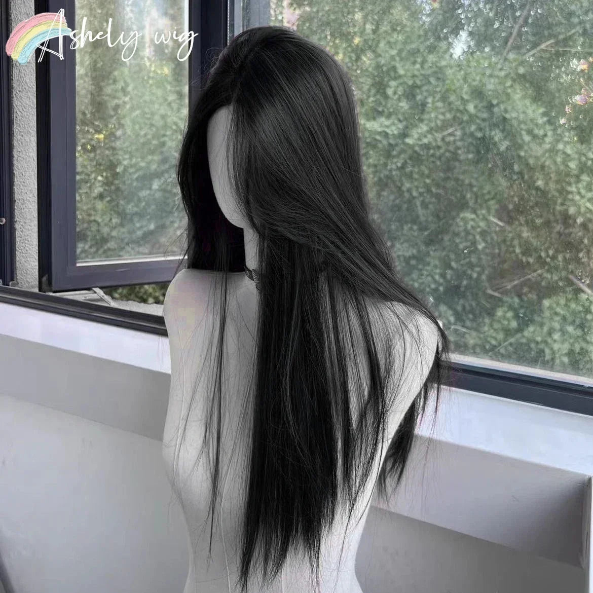 Black Synthetic Wig With a Feminine Charm. Long Straight Hair In The Middle Part. Natural Full Head Cover For Daily Cosplay