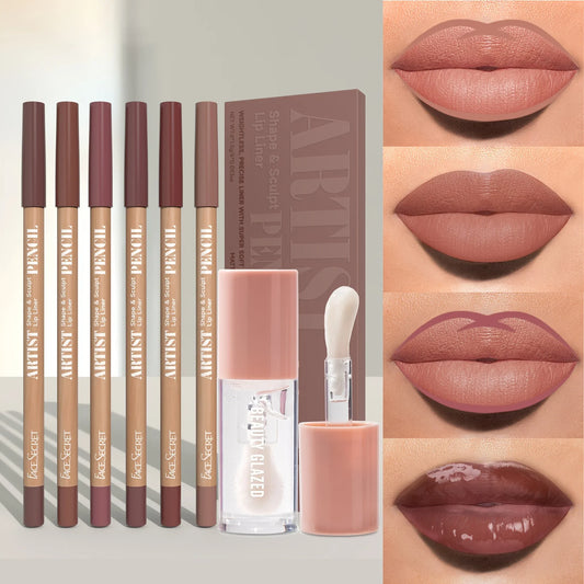 7Pcs Lip Set Velvet Matte Waterproof Lip Liner + Lip Oil Set Long-lasting Matte Lip Pencil Lip Liner Makeup Set