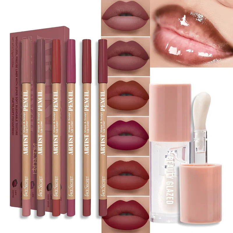 7Pcs Lip Set Velvet Matte Waterproof Lip Liner + Lip Oil Set Long-lasting Matte Lip Pencil Lip Liner Makeup Set