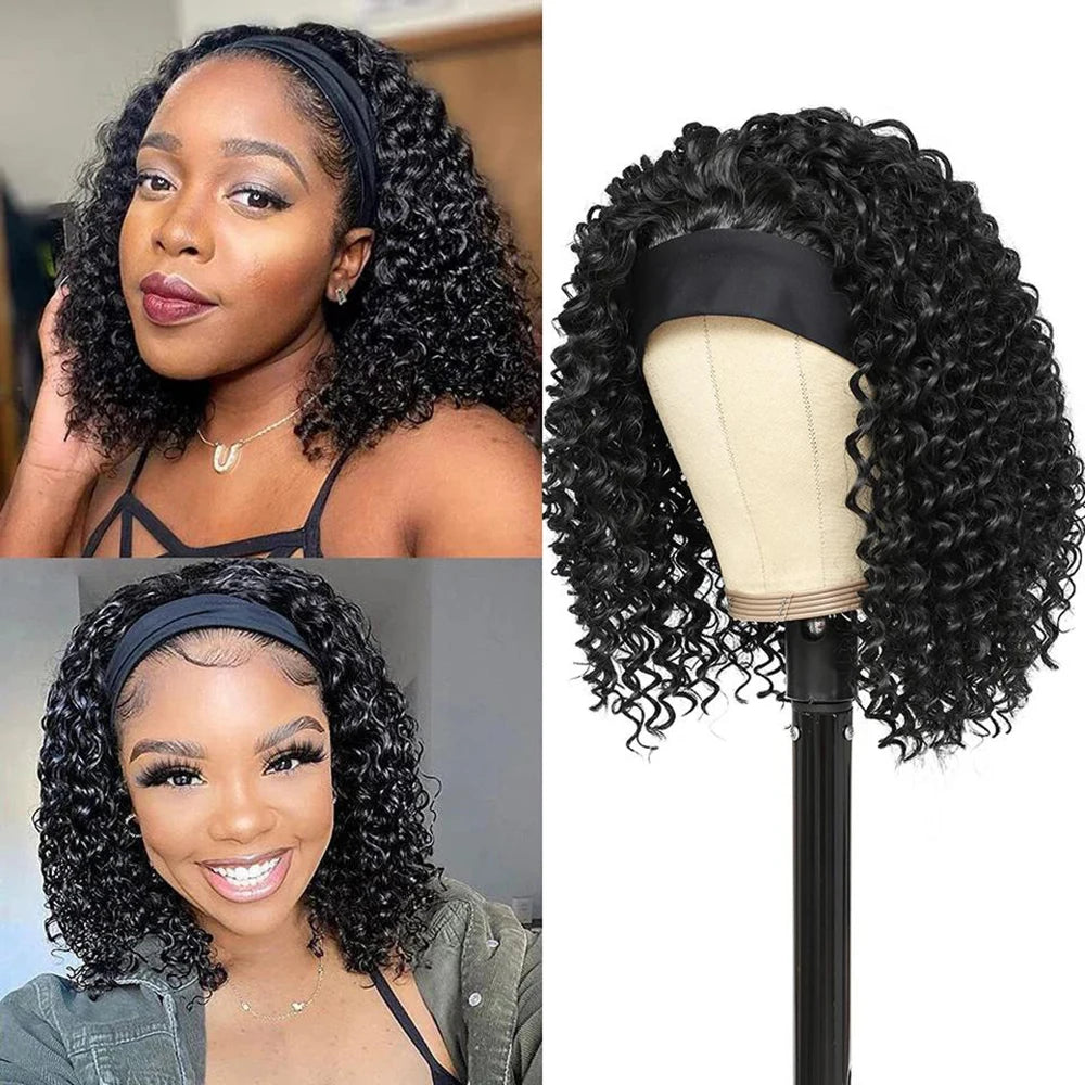 Short Straight Headband Synthetic Natural  Kinky Curly Black  Wigs for Black Women Daily Party Use Heat Resistant Fake Hair ﻿