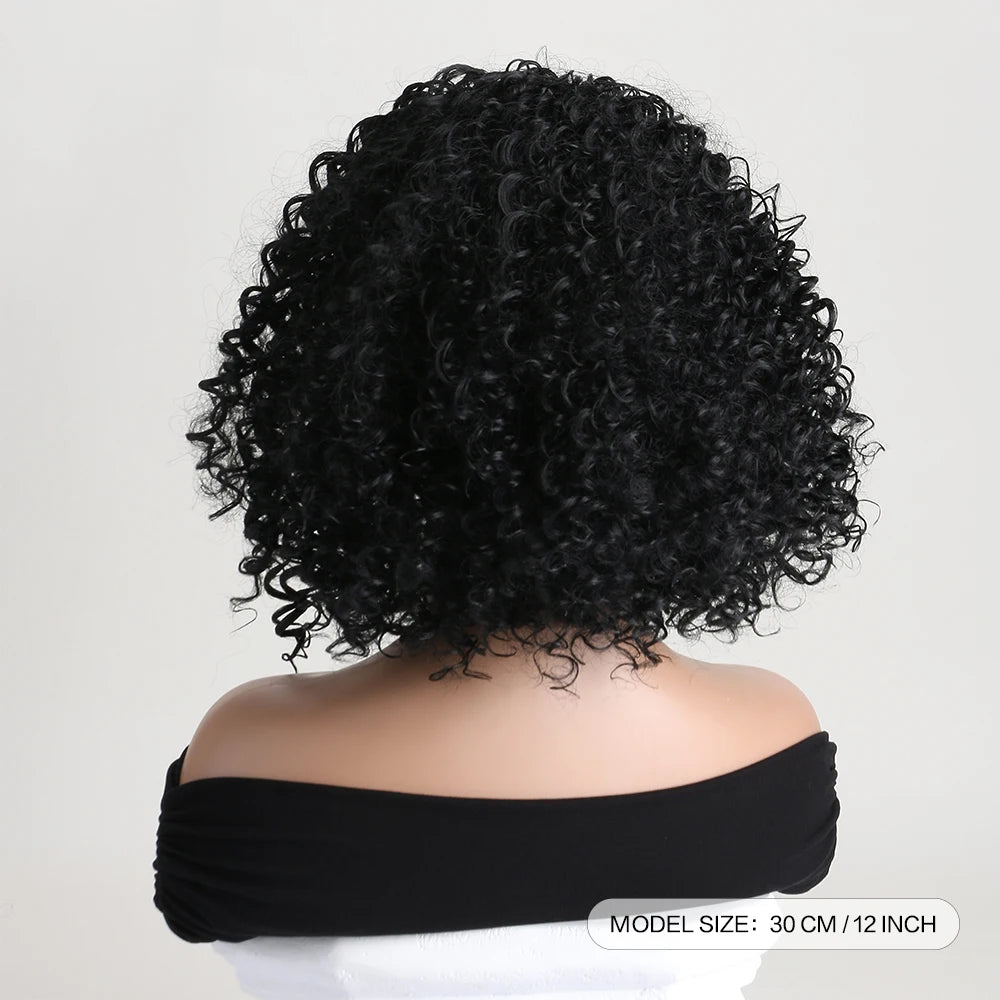 Short Straight Headband Synthetic Natural  Kinky Curly Black  Wigs for Black Women Daily Party Use Heat Resistant Fake Hair ﻿