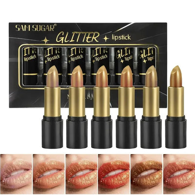 New Shimmer Metallic Lipstick Set Waterproof Glitter Diamond High Pigment Sparkling Pearl Lip Gloss Long Lasting Makeup