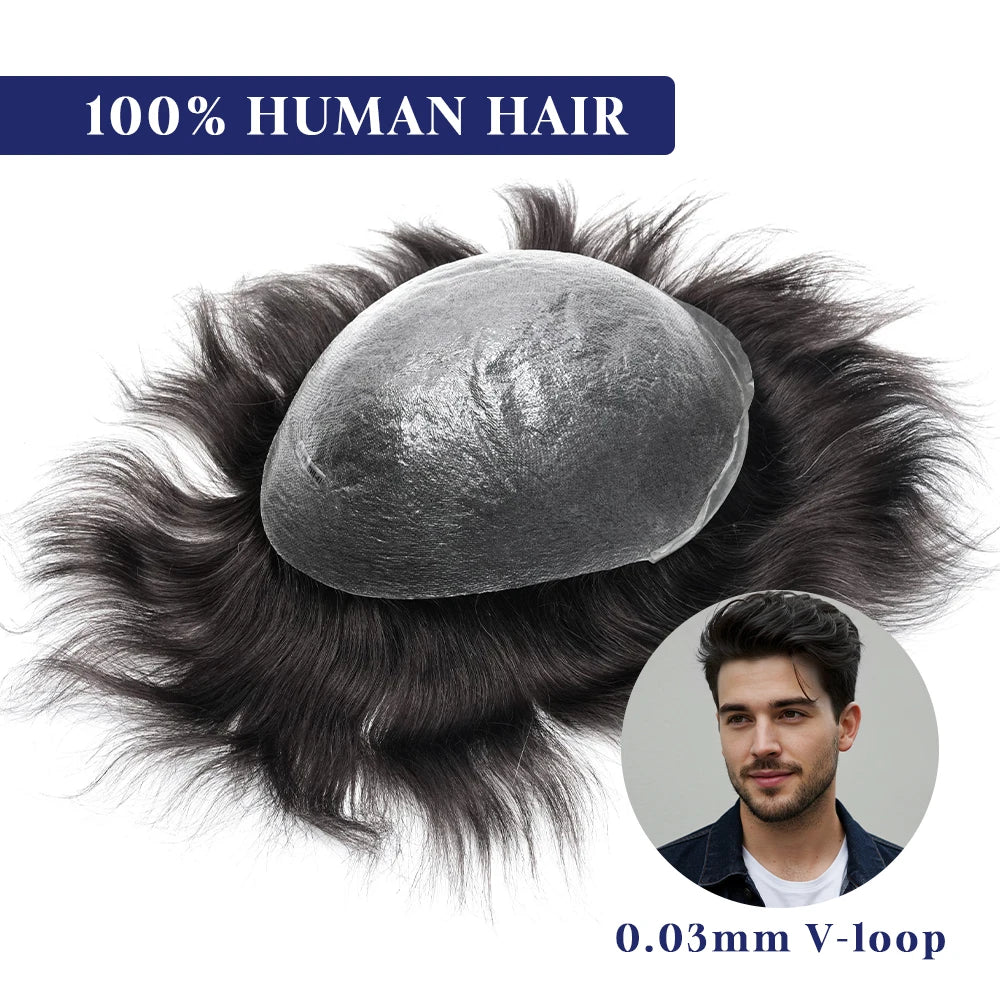0.03mm Clearance Super Thin Skin Toupee V Loop  Men Toupee Capillary Prothesis Hair Piece For Men Hair Replacement System
