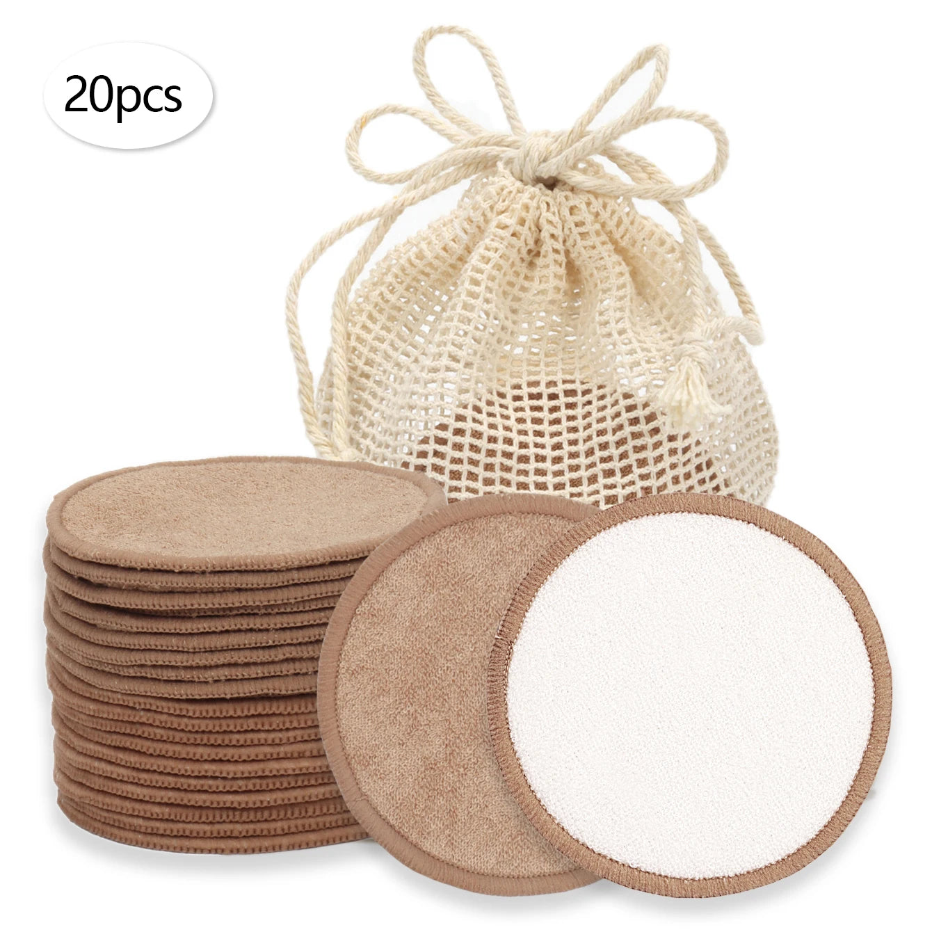 Double Round Makeup Remover Pads 20Pcs + Cleaning Mesh Bag, Machine Washable, Reusable, Suitable for All Skin Types