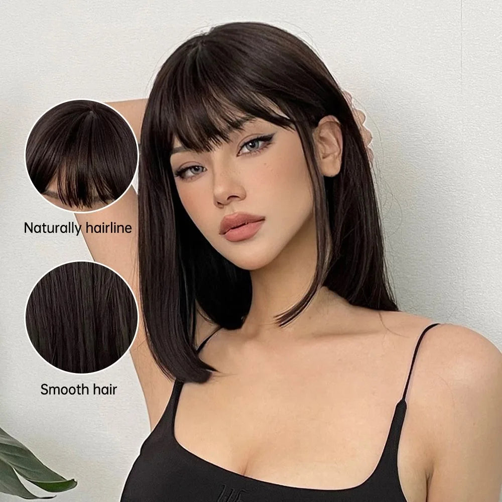 Short Black Synthetic Wig Natural Fringe Straight Bob Short Music Festival Party Cosplay Daily Use Full Head Cover