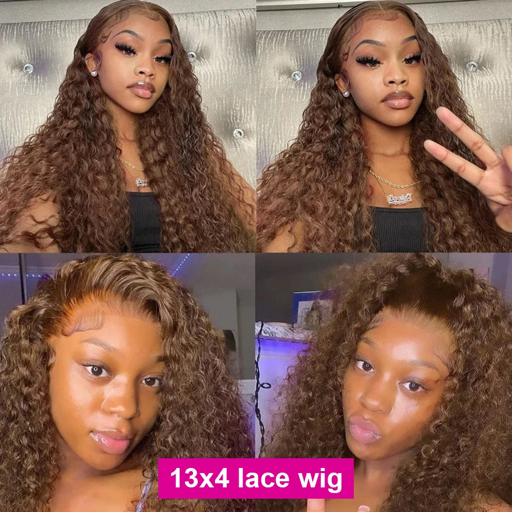 200% Chocolate Brown Deep Wave Human Hair Wig 30 38Inch Transparent Lace Frontal Wigs For Women 13x6 Lace Front Water Curly Wigs