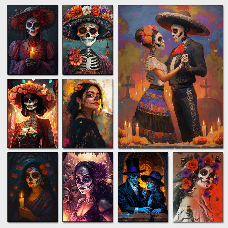 Classic Mexican Day Of The Dead Dance Posters Skeleton Makeup Woman Lit Candle Modern Prints Canvas Wall Picture Home Room Decor