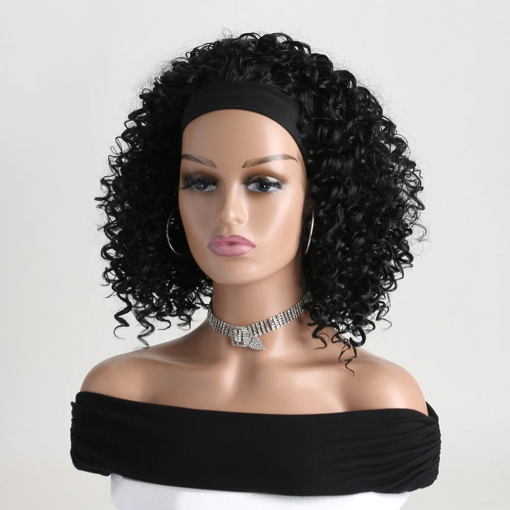 Short Straight Headband Synthetic Natural  Kinky Curly Black  Wigs for Black Women Daily Party Use Heat Resistant Fake Hair ﻿