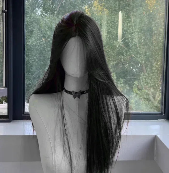 Black Synthetic Wig With a Feminine Charm. Long Straight Hair In The Middle Part. Natural Full Head Cover For Daily Cosplay