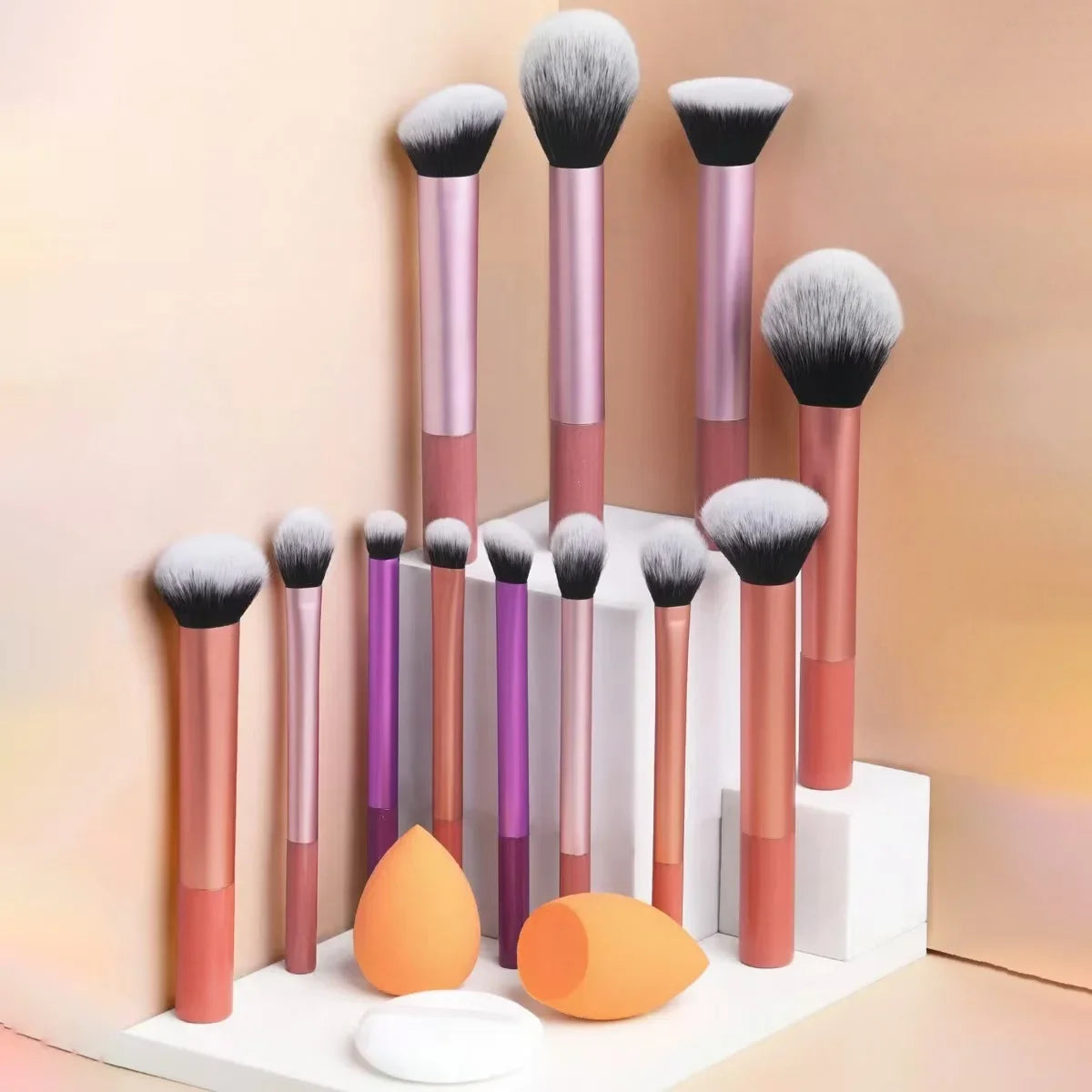 12pcs Professional Makeup Brush Set Incl. Eyeshadow, Powder, Blush Brushes, 2pcs Makeup Sponges, 1pc Powder Puff, Complete Trave
