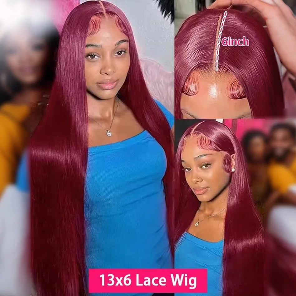 99J Colored Straight Lace Front Human Hair Wigs Straight Burgundy 13x6 Transparent Lace Frontal Wig Red Wine Wig For Women Pre P