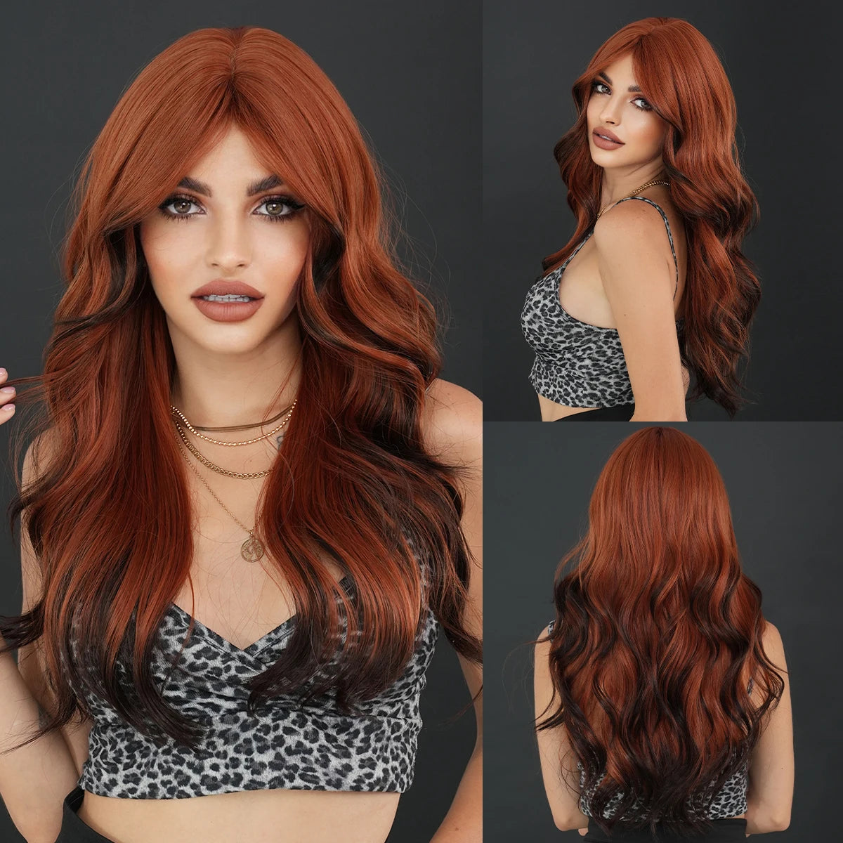 NAMM Highlight Skunk Red Wig Body Wave Synthetic Black Wig for Women Daily Party Use Highlight Red Wavy Wigs with Fluffy Bangs