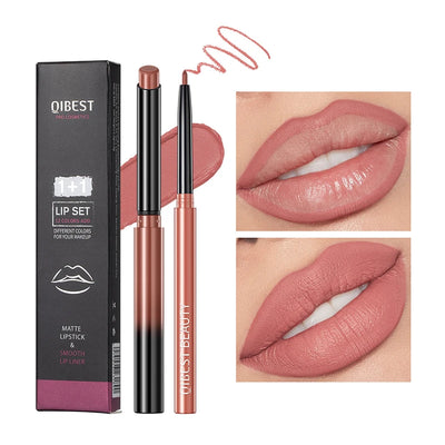 QIBEST, Lipstick Lipliner Pencil Set, Matte Non Decolorize Non Smudge Long Lasting Waterproof Nude Color Lip Liner Stage Makeup,