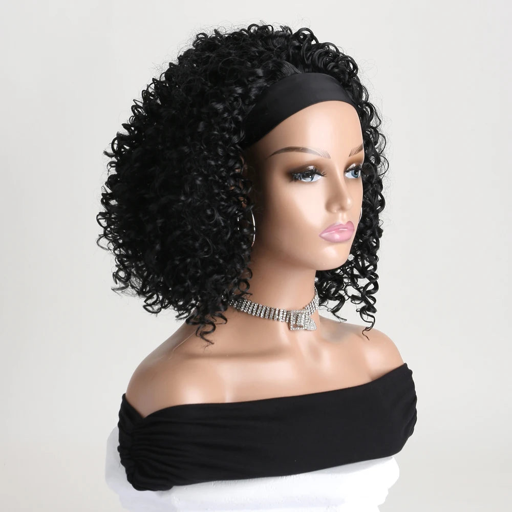 Short Straight Headband Synthetic Natural  Kinky Curly Black  Wigs for Black Women Daily Party Use Heat Resistant Fake Hair ﻿