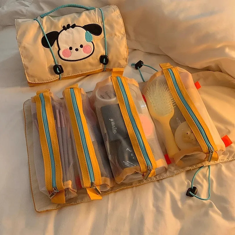 Foldable Cartoon Dog Cosmetic Bag Drawstring Portable Detachable Storage Bag Mesh Four-in-One Travel Toiletry Bag Travel
