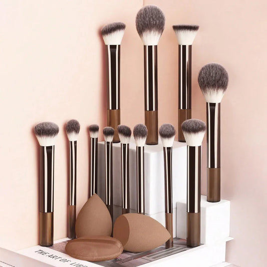 12pcs Professional Makeup Brush Set Incl. Eyeshadow, Powder, Blush Brushes, 2pcs Makeup Sponges, 1pc Powder Puff, Complete Trave