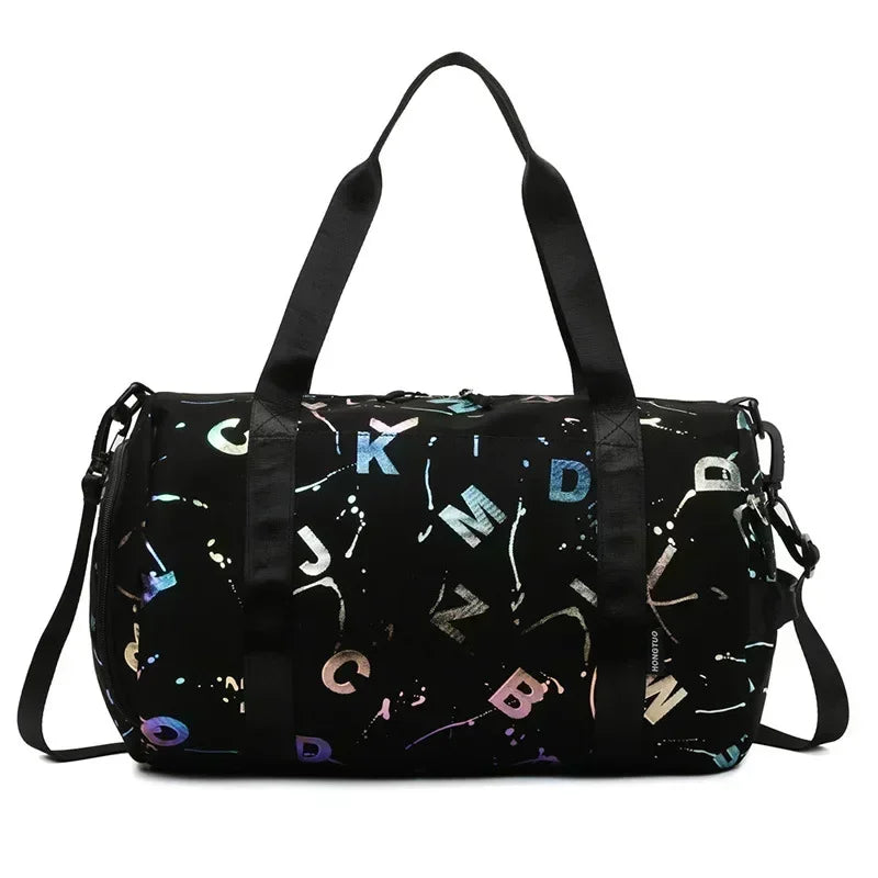 Unisex Graffiti Letter Print Waterproof Gym Yoga Sport Dance Travel Bag Crossbody Deffle Bag Fitness Swimming Wet Dry Storage