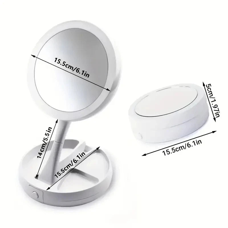 Double-Sided Travel LED Makeup Mirror with 10X Magnification Folding Portable Cosmetic Mirror with Lights Dual Powered Supply