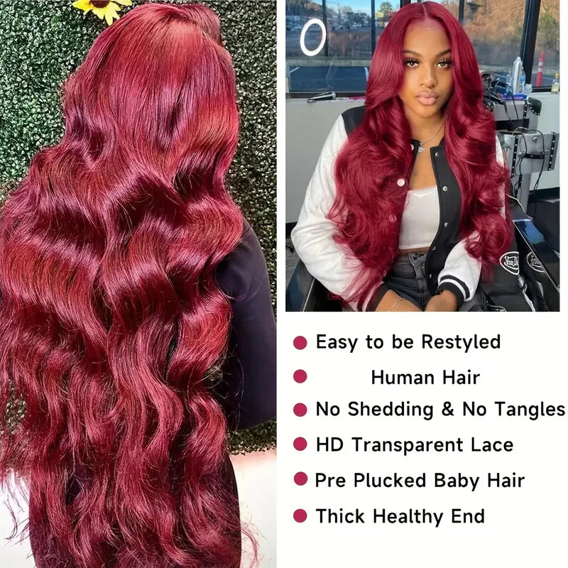 13x6 Body Wave Burgundy 99J Lace Front Human Hair Wigs Pre Plucked 180% Wine Red Lace Wigs For Women Colored Remy Wigs Body Wave