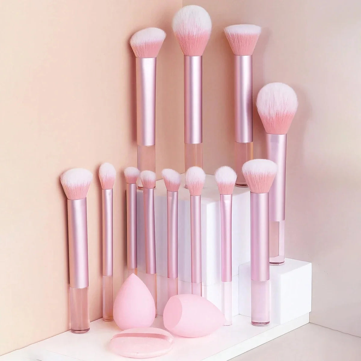12pcs Professional Makeup Brush Set Incl. Eyeshadow, Powder, Blush Brushes, 2pcs Makeup Sponges, 1pc Powder Puff, Complete Trave