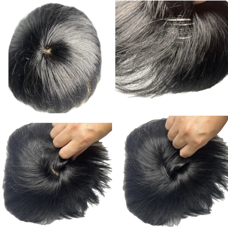 Man Toupee with 4 Clips on Short Real Human Hair Replacement System Prosthetic Men's Wig Male Pieces For Men Baldness