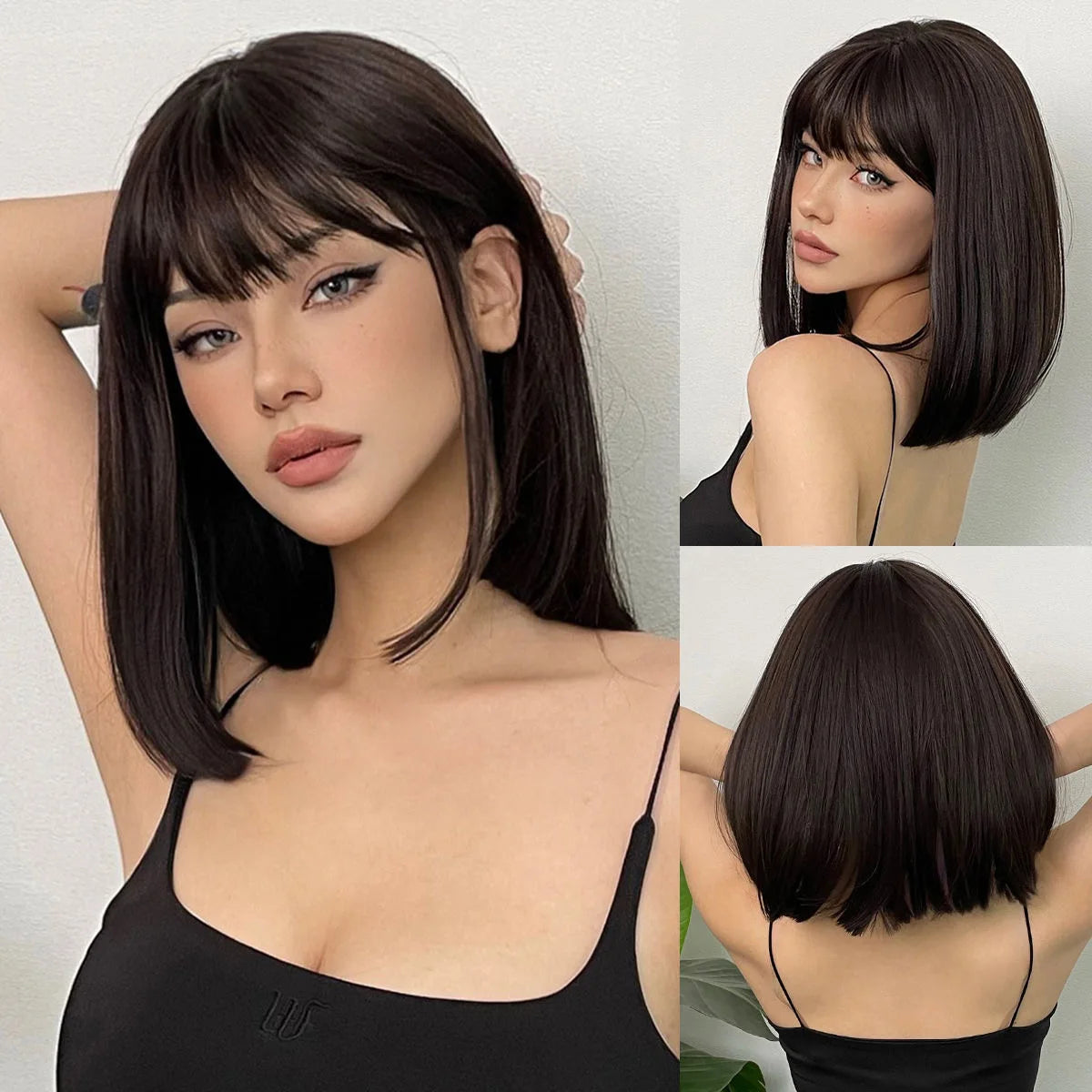 Short Black Synthetic Wig Natural Fringe Straight Bob Short Music Festival Party Cosplay Daily Use Full Head Cover