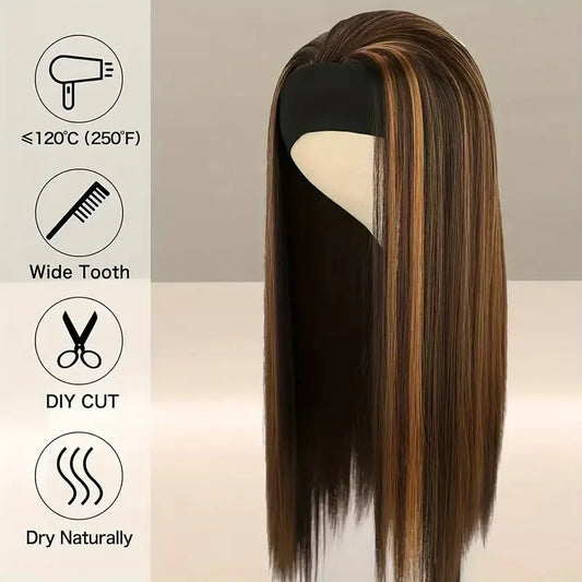 26-Inch Long Straight Headband Wig for Women Light Brown Highlight Glueless Charming Synthetic Hair