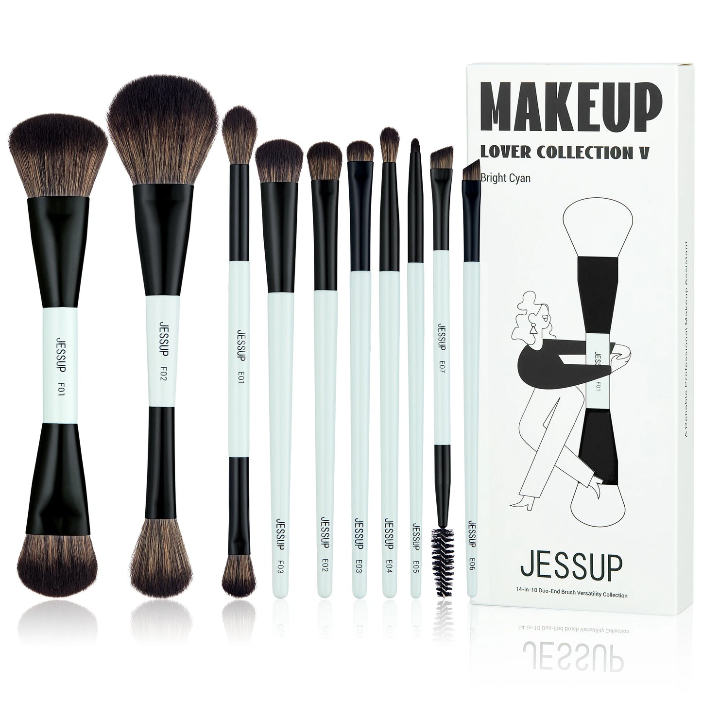 Jessup Makeup Brush Set Double Sided Makeup Brushes Foundation Contour Blush Blending Eyebrow Shadow,Fiber Bright Cyan T501