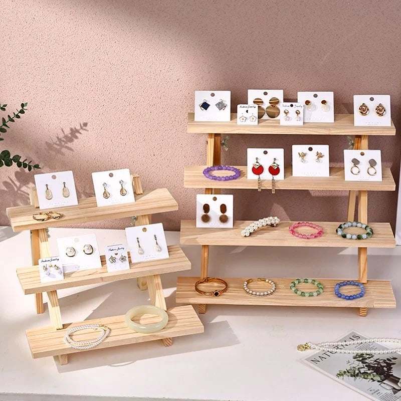 2-4 Tier Ear Stud Holder Wooden Jewelry Earring Dispaly Stand Shelf Cupcake Makeup Mini Figure Organizer Showcase Rack Riser
